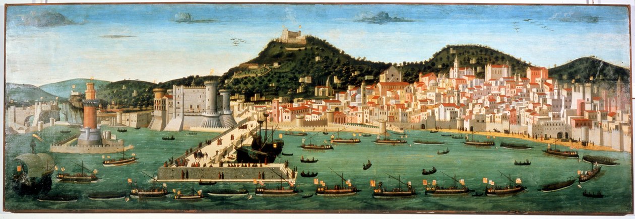 斐迪南一世（1423 - 1494）的舰队在与安茹的勒内一世（1409 - 1480）的伊斯基亚之战后凯旋而归。1464年7月6日。那不勒斯，圣马蒂诺国家博物馆。 作者 未知艺术家