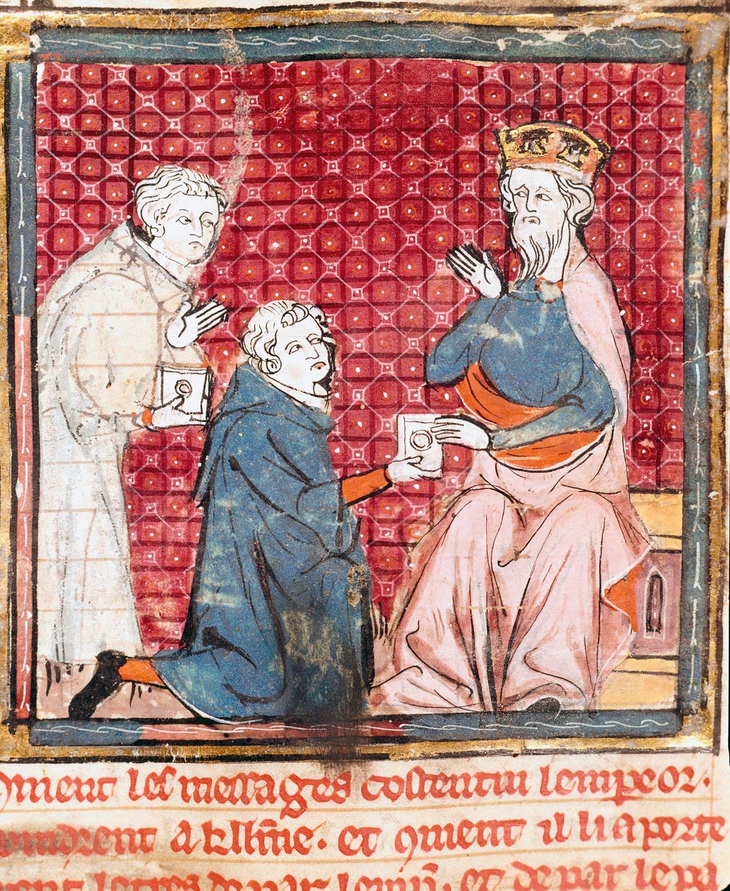 Two messengers announce in Charlemagne (742-814) the victory over the Miniature Saracens from “” Grandes Chronicles de France”” 1375-1379 Municipal Library, Castres 作者 未知艺术家