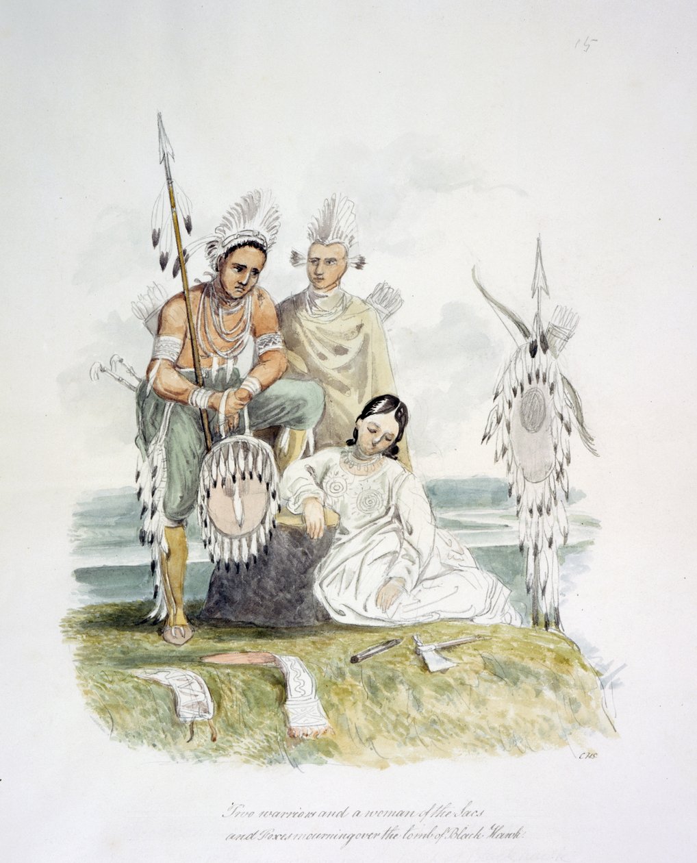 萨克人和狐狸人的两名战士和一名妇女在黑鹰墓前哀悼，约 1843-50 年（水彩画） 作者 未知艺术家