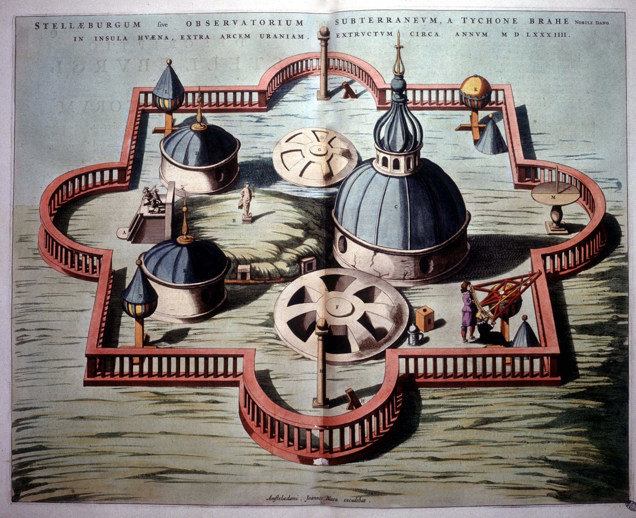 第谷-布拉赫（Tycho Brahe）的 "斯特恩堡 "天文台位于丹麦的松德岛（Hven）（1584年）--基于当时的铜版画。"新地图集" 作者 未知艺术家