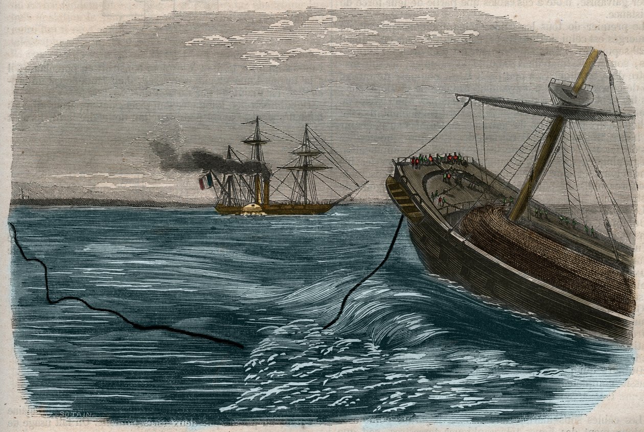 水下电报线。铺设海底电缆(submarine) 1857年的雕版画。 作者 未知艺术家