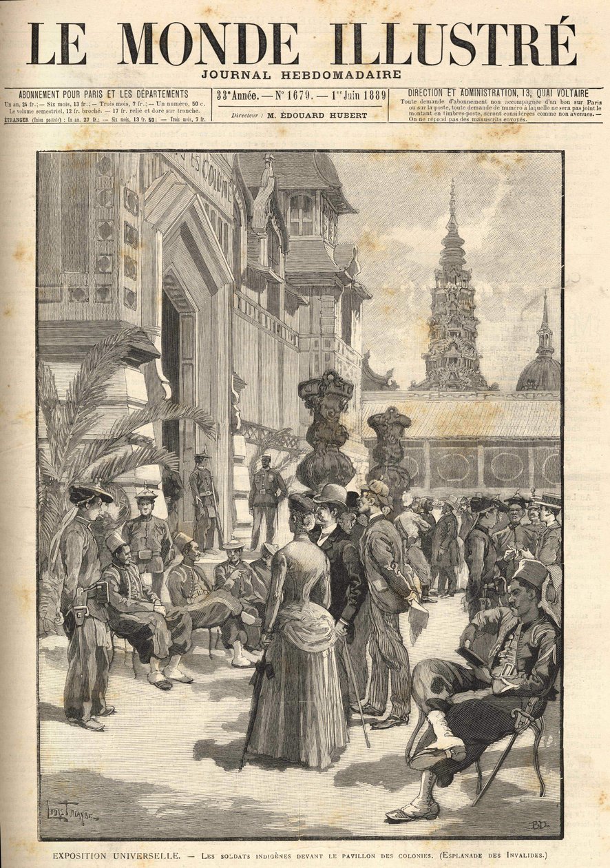 1889年世界博览会 - 殖民馆前的土著士兵（荣军院广场）。1889年6月1日的《世界画报》封面。 作者 未知艺术家