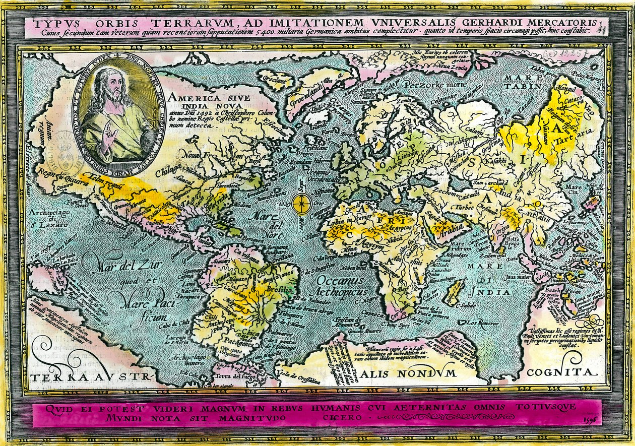 1596年的环球地理图（世界地图）。雕刻品。私人收藏。 作者 未知艺术家