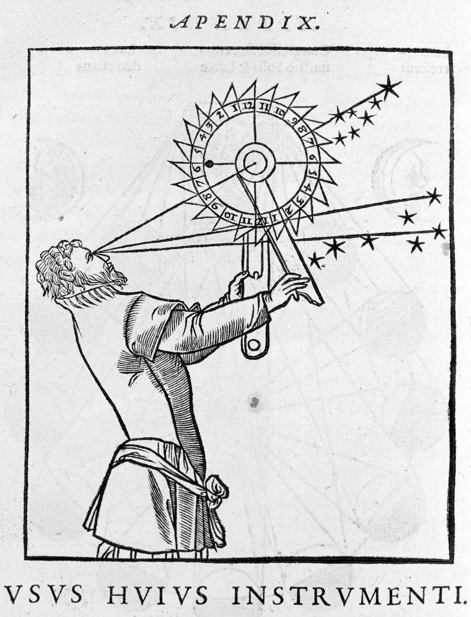 使用设备计算与夜晚星星相关的时间（星盘） - Cosmographia de Pietro Apiano，巴黎 1551。 作者 未知艺术家