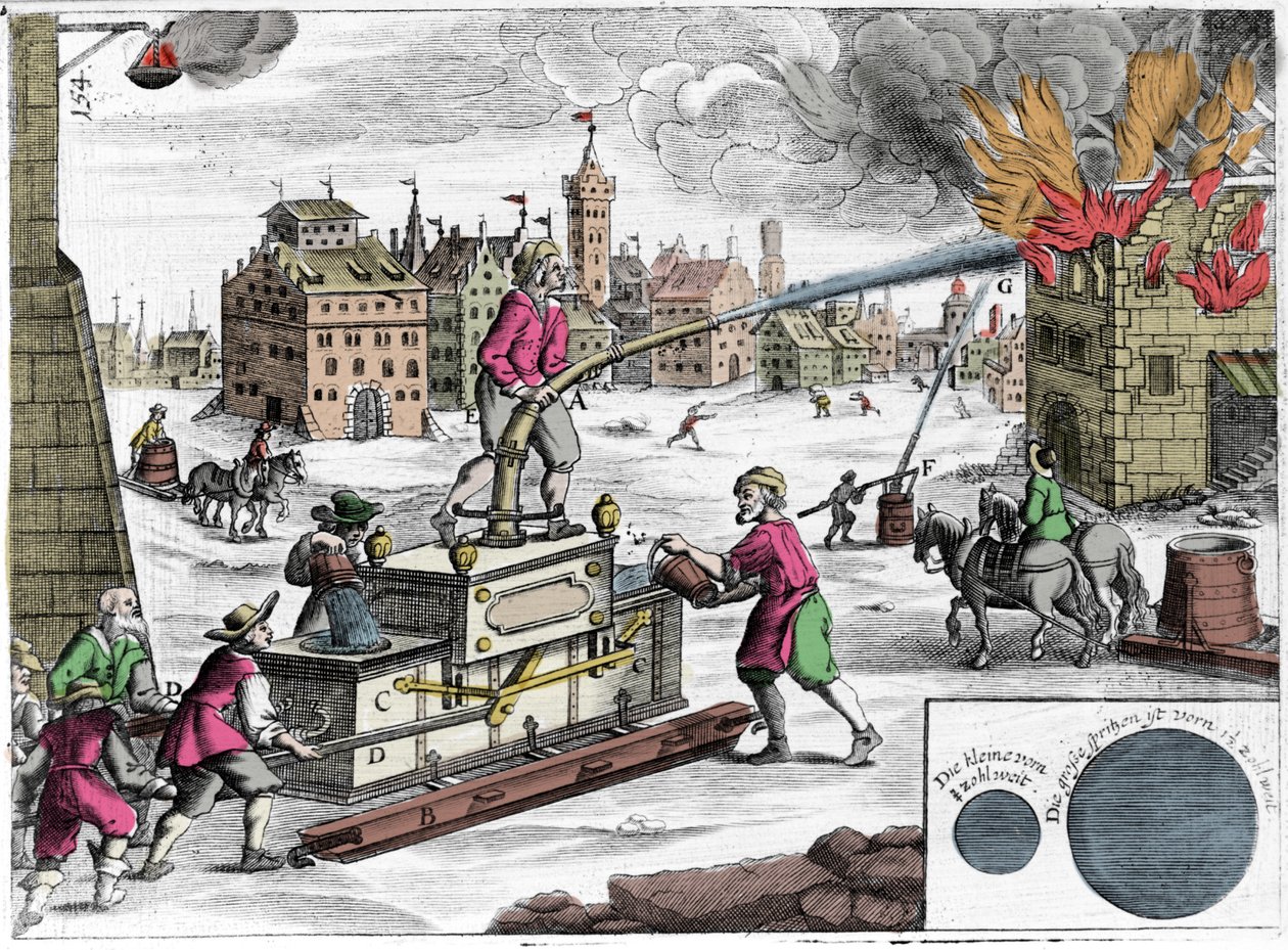 消防队使用消防泵。 乔治·安德烈亚斯·博克勒 (1644-1698) 的“”Theatrum Machinarum novum”雕刻 作者 未知艺术家