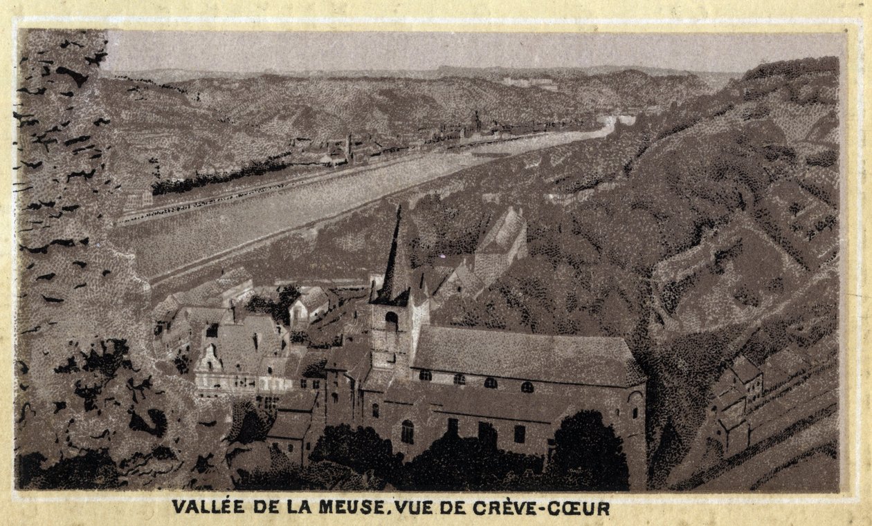 Vallee de la Meuse：比利时瓦隆尼亚的Creve Coeur（克里夫-库尔或克里夫科尔）的景色。19世纪末的彩色石版画。 作者 未知艺术家