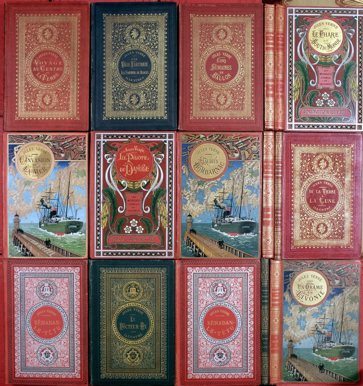 以 Hetzel 版本出版的儒勒·凡尔纳 (Jules Verne) 书籍的各种封面。 儒勒·凡尔纳图书馆收藏。 巴黎。 作者 未知艺术家
