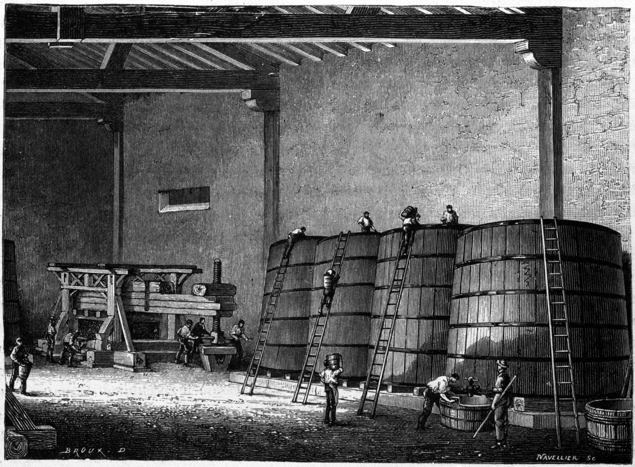 19 世纪勃艮第 Clos Vougeot 雕刻品酒窖中使用的大桶和压榨机 作者 未知艺术家