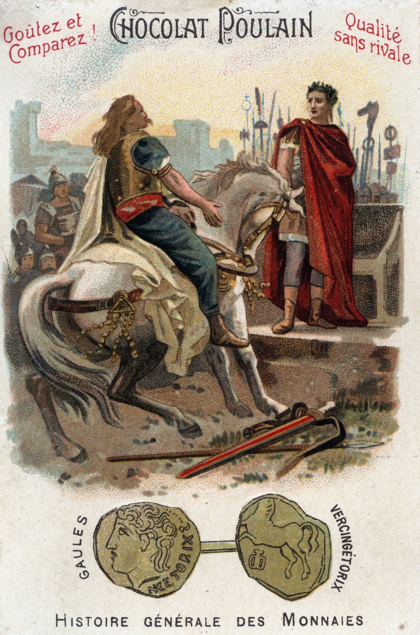 高卢叛乱的领袖Vercingetorix（公元前72-46年）在明确失去阿莱西亚城后，在凯撒（公元前100-44年）的脚下放下武器 - 在硬币的一般历史中 - 19世纪末的巧克力色光刻技术 - 私人领地 作者 未知艺术家