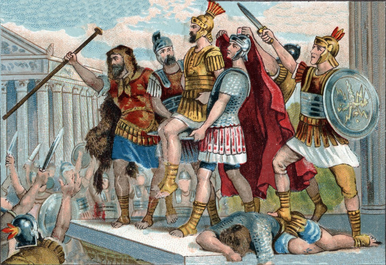 维斯帕先（拉丁语为Titus Flavius Vespasianus）（9-79）被他的士兵宣布为皇帝。1890年左右的彩色平版印刷。 作者 未知艺术家