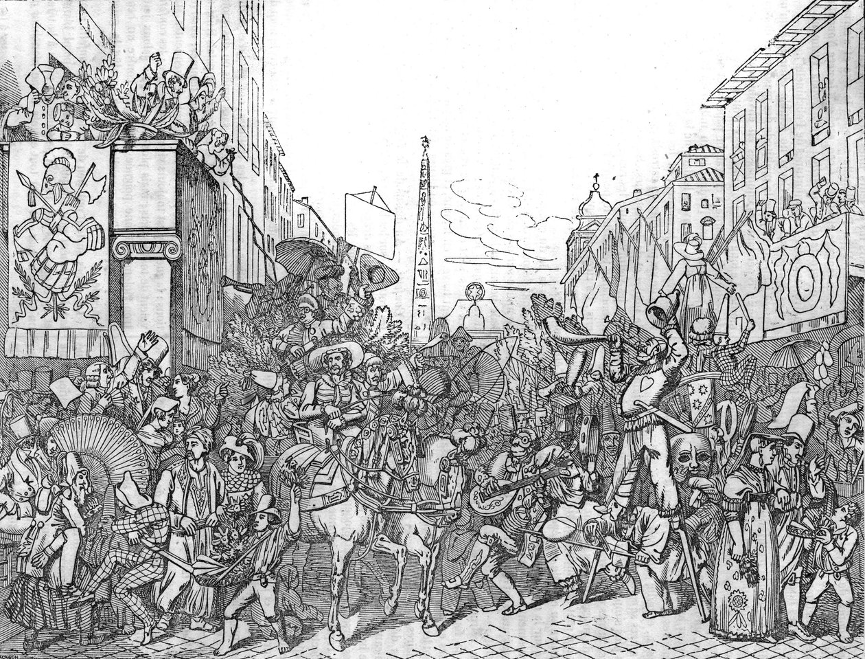 1836年狂欢节（Carnevale）期间，罗马的科索路（Via del Corso）。 作者 未知艺术家