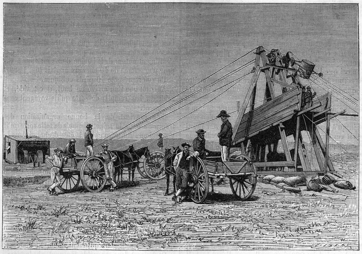 从南非的金伯利钻石矿的表面看。1883年的雕版画。 作者 未知艺术家