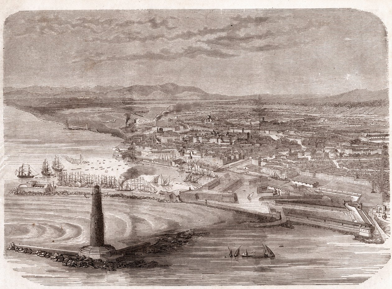 利沃诺的景色（利沃诺-托斯卡纳-托斯卡纳）--托斯卡纳--1860年版画 作者 未知艺术家