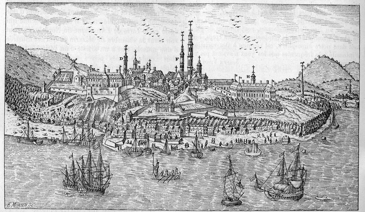 加拿大魁北克市的景色（17世纪末）。A. 堡垒花园。B. 要塞。C. 火药库。D. Les Recollets.E. 圣母院。F. 耶稣会。G. 大教堂。H. 研讨会I. Dieu酒店.L. 综合医院.L
