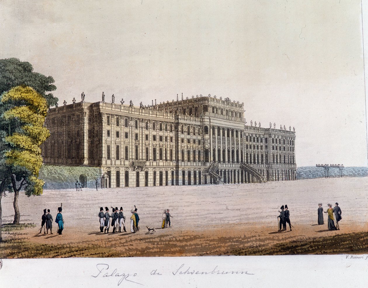 在奥地利维也纳的美泉宫 (Schoenbrunn) 的视图。 1826 年私人收藏的雕刻 作者 未知艺术家