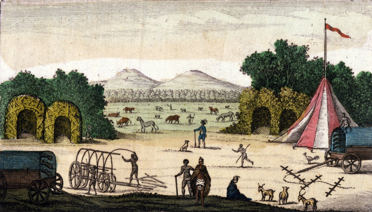 南非开普省 Pampoen Kraal (Pampoen-Kraal) 的荷兰营地（来自 Pioneers Boers 或 Voortrekers，Afrikaners）。 1860 作者 未知艺术家