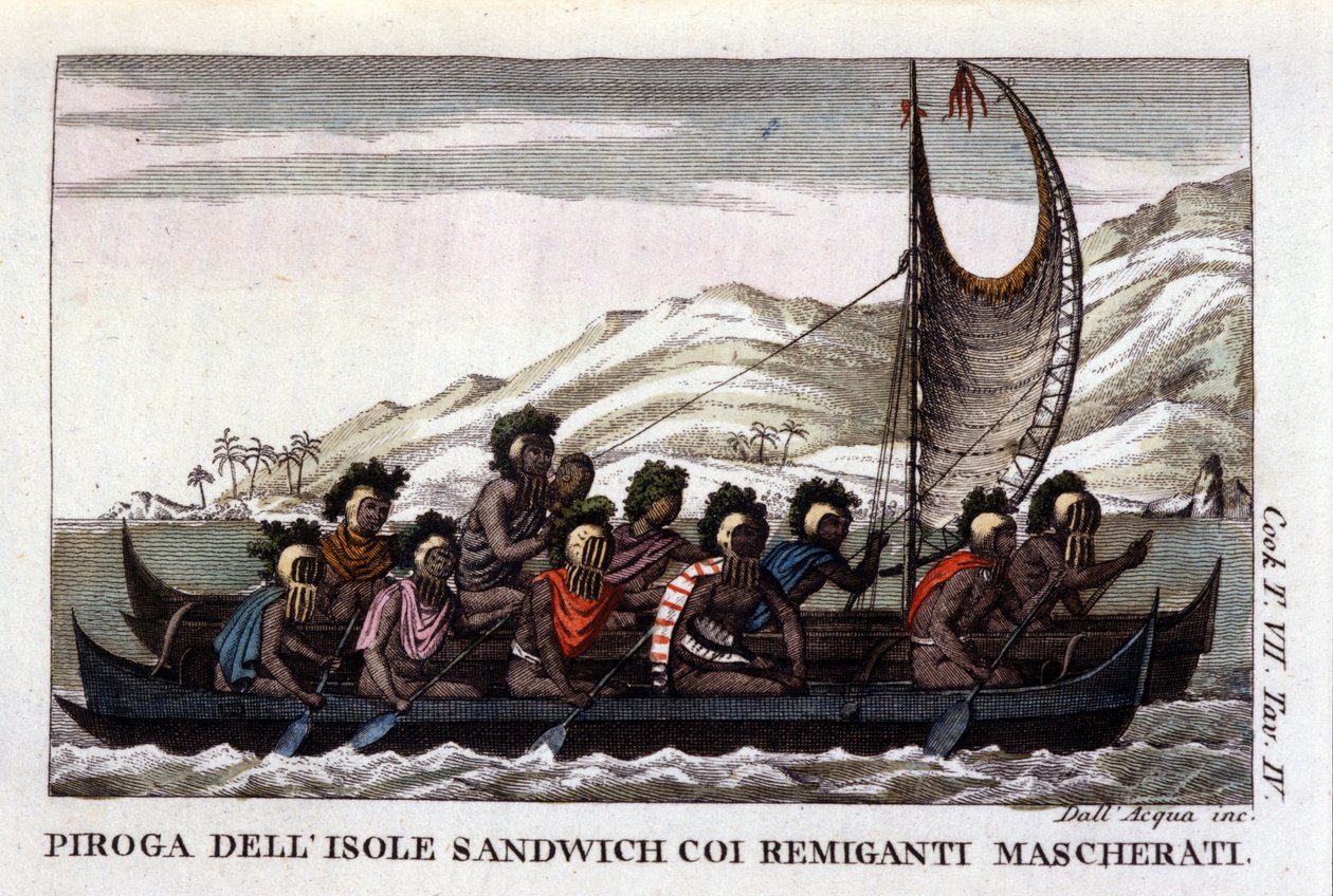 View of a canoe with sails from the Hawaiian Islands in Polynesia, the crew wears typical masks. Lithograph from the beginning of the 19th century 作者 未知艺术家
