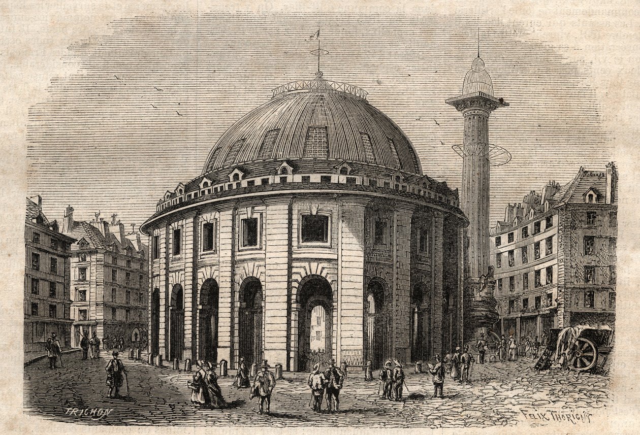 巴黎的halle au ble（建于1763-1769年）和美第奇圆柱的景观，19世纪初的雕刻--巴黎的小麦和玉米交易所（建于1763-1769年），19世纪初的雕刻--Vue de la Halle au ble，放置在现在的Soisso酒店。 作者 未知艺术家