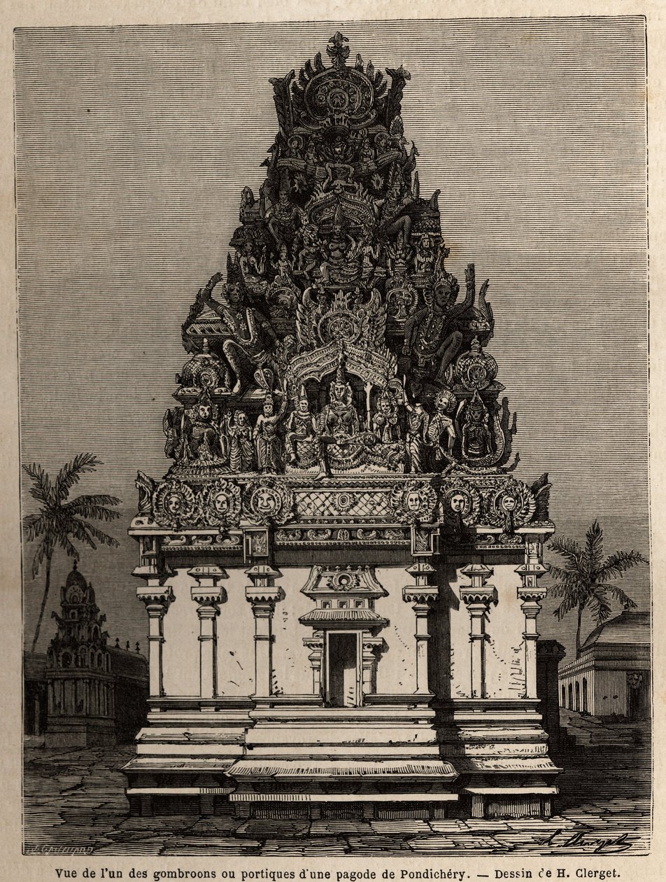 一个pondichery 宝塔（本地治里）（印度）的gombrooons 或门廊之一的视图。 雕刻以说明 1838 年至 1844 年间前往奇兰巴兰（Coromandel cote）宝塔的探险，由反海军上将巴黎（Depot des cartes 主管）绘制 作者 未知艺术家