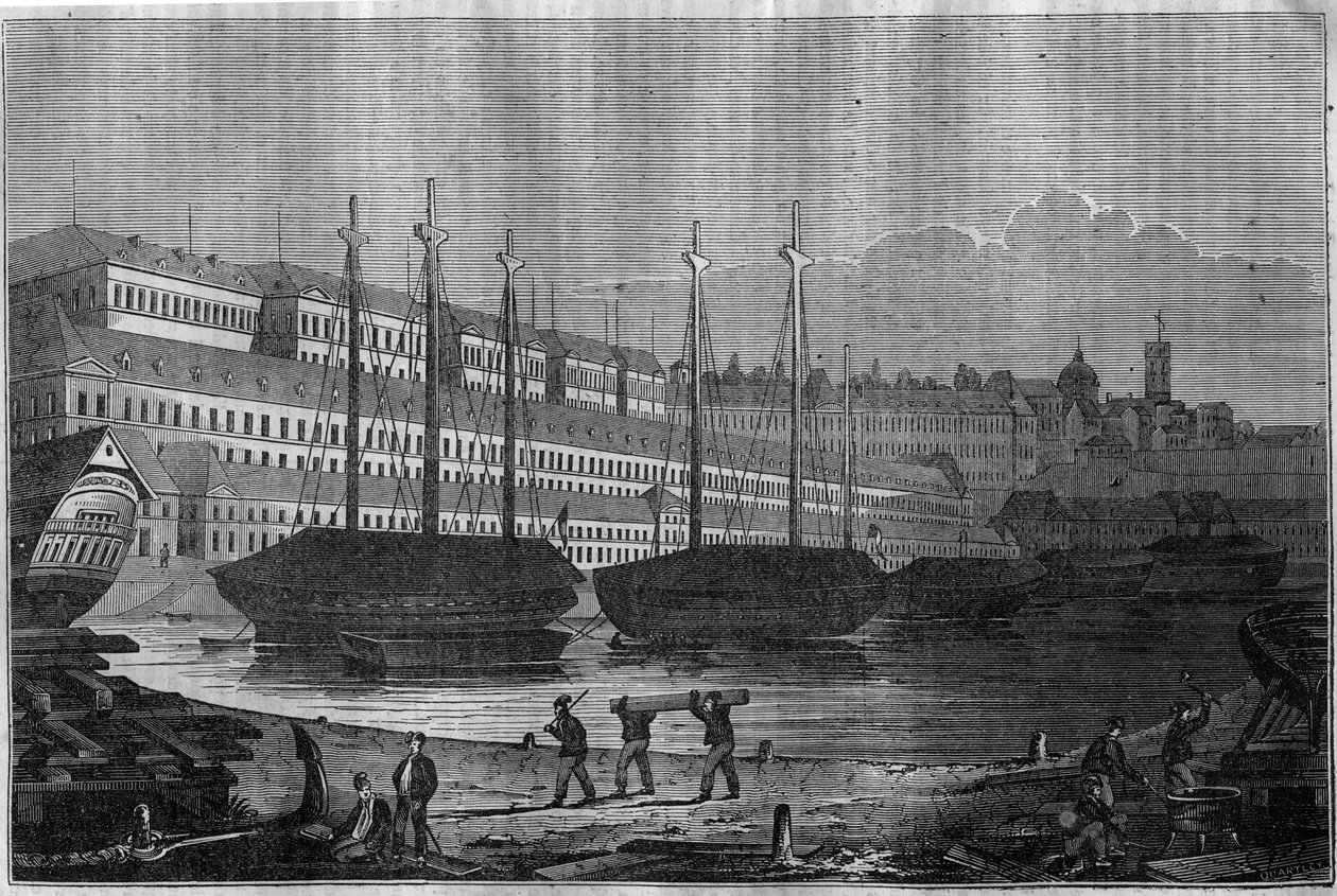 布雷斯特的Corderies、Bagne和圣路易（Saint-Louis）塔的景观。在 "风景如画的商店" 1835年 作者 未知艺术家