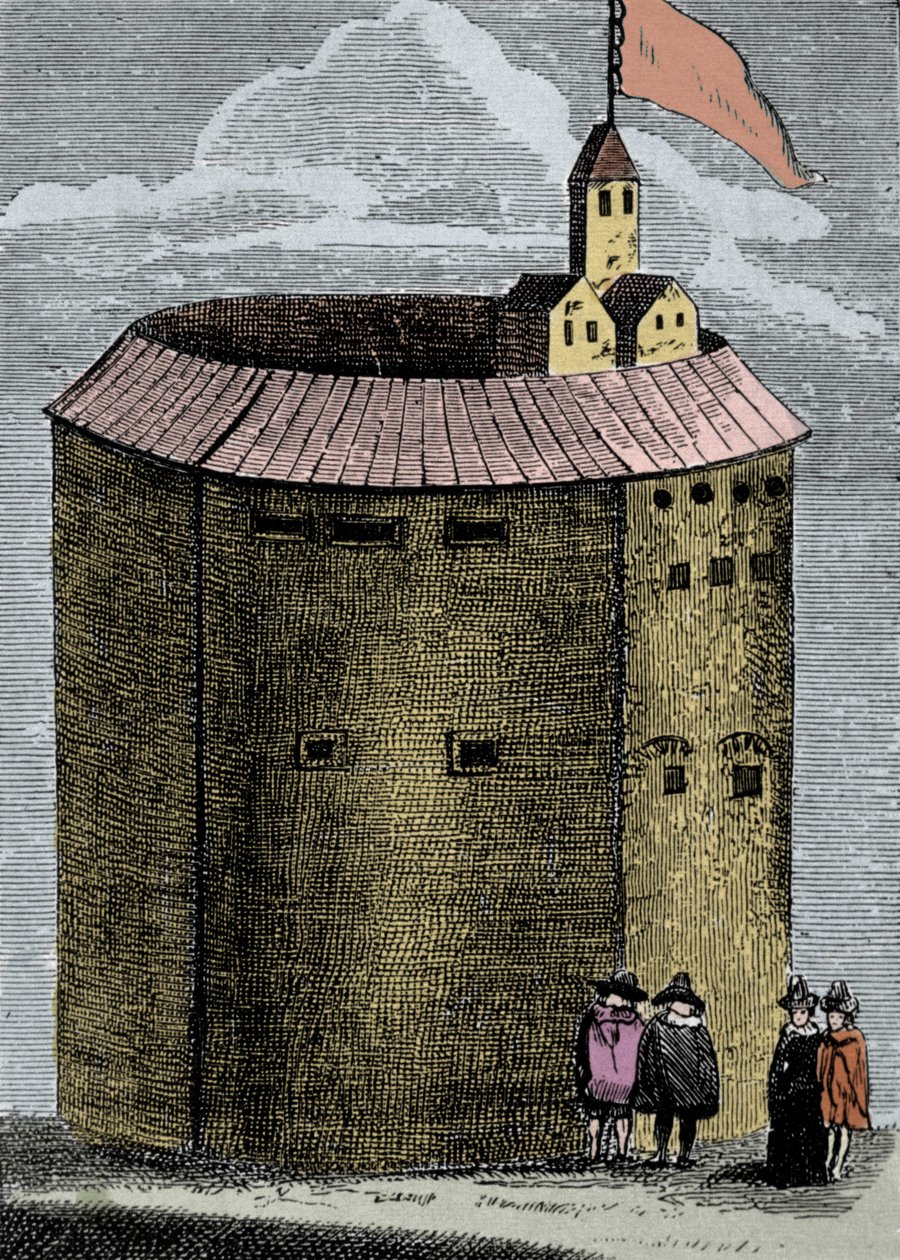 威廉·莎士比亚 (William Shakespeare) (1564-1612) 时代的伦敦环球剧院 (London Globe Theatre) 景观。 19 世纪的雕刻。 作者 未知艺术家