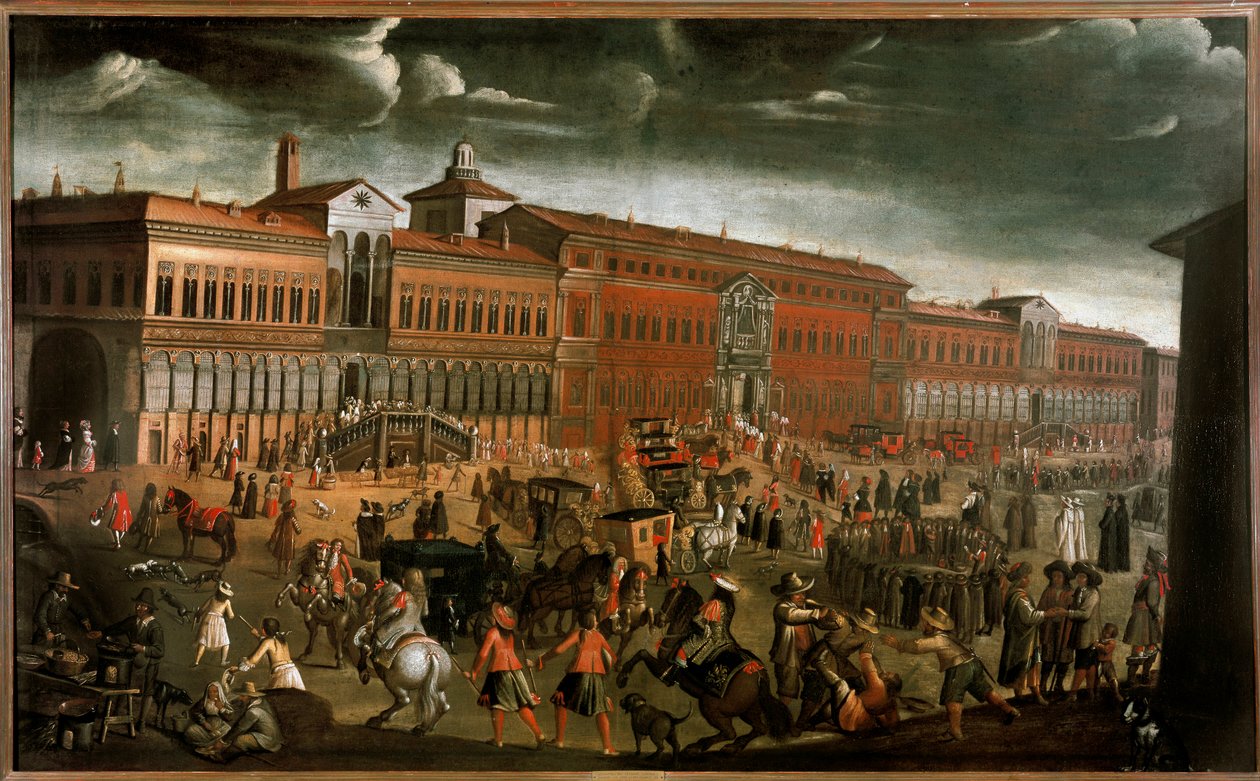 米兰宽恕节当天的Ospedale Maggiore（大医院）的景色 今天是州立大学。广场上的小贩、当地人、乞丐、小偷和宗教游行队伍都很活跃。1670-1780年左右的匿名画作 Dim.142 作者 未知艺术家
