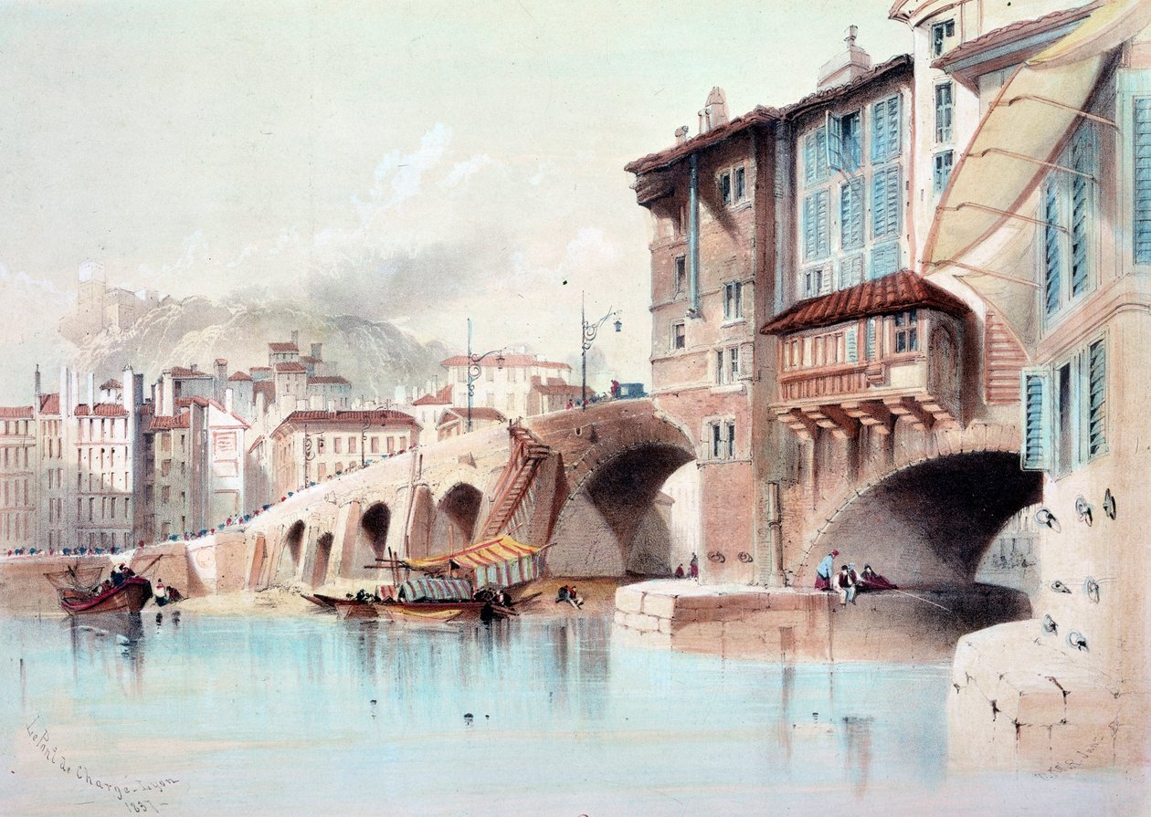 里昂市和 Pont de Charge 的景色。 1837 年的水彩画。巴黎，B.N. 作者 未知艺术家