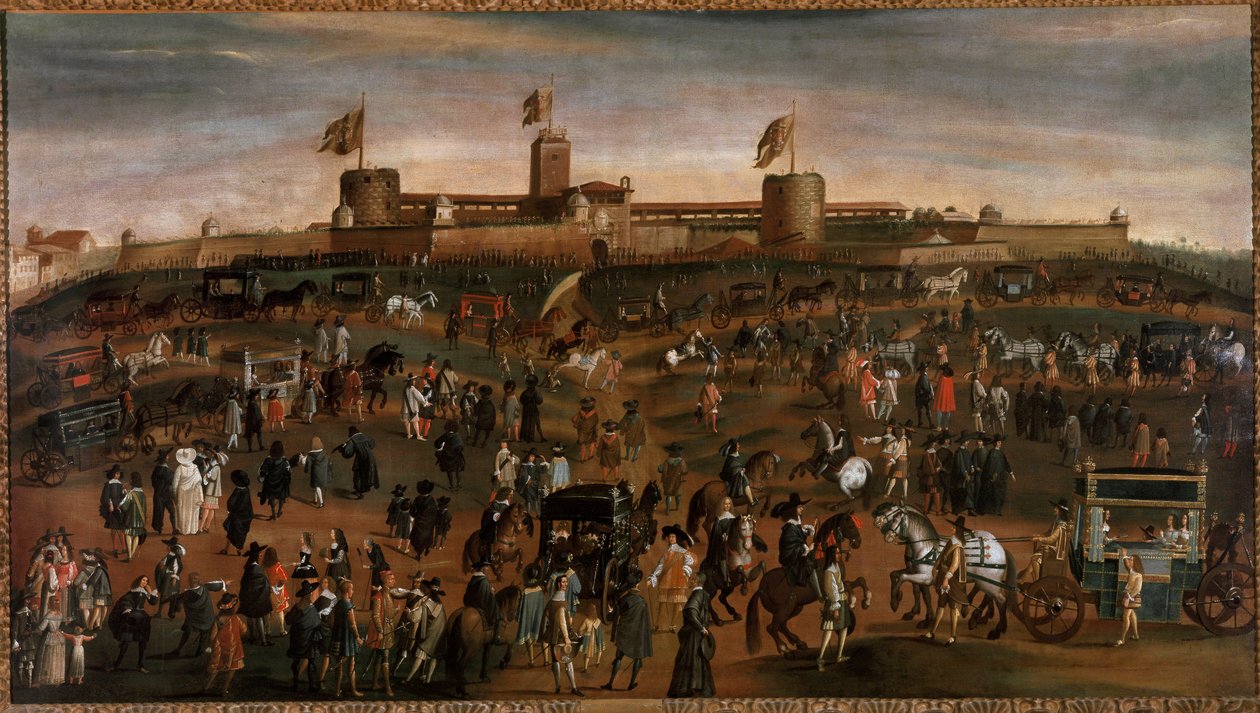 米兰市的景色、斯福尔扎城堡 (castello Sforzesco) 和马车的交通 1660-1670 年左右的匿名绘画 米兰，米兰博物馆 作者 未知艺术家