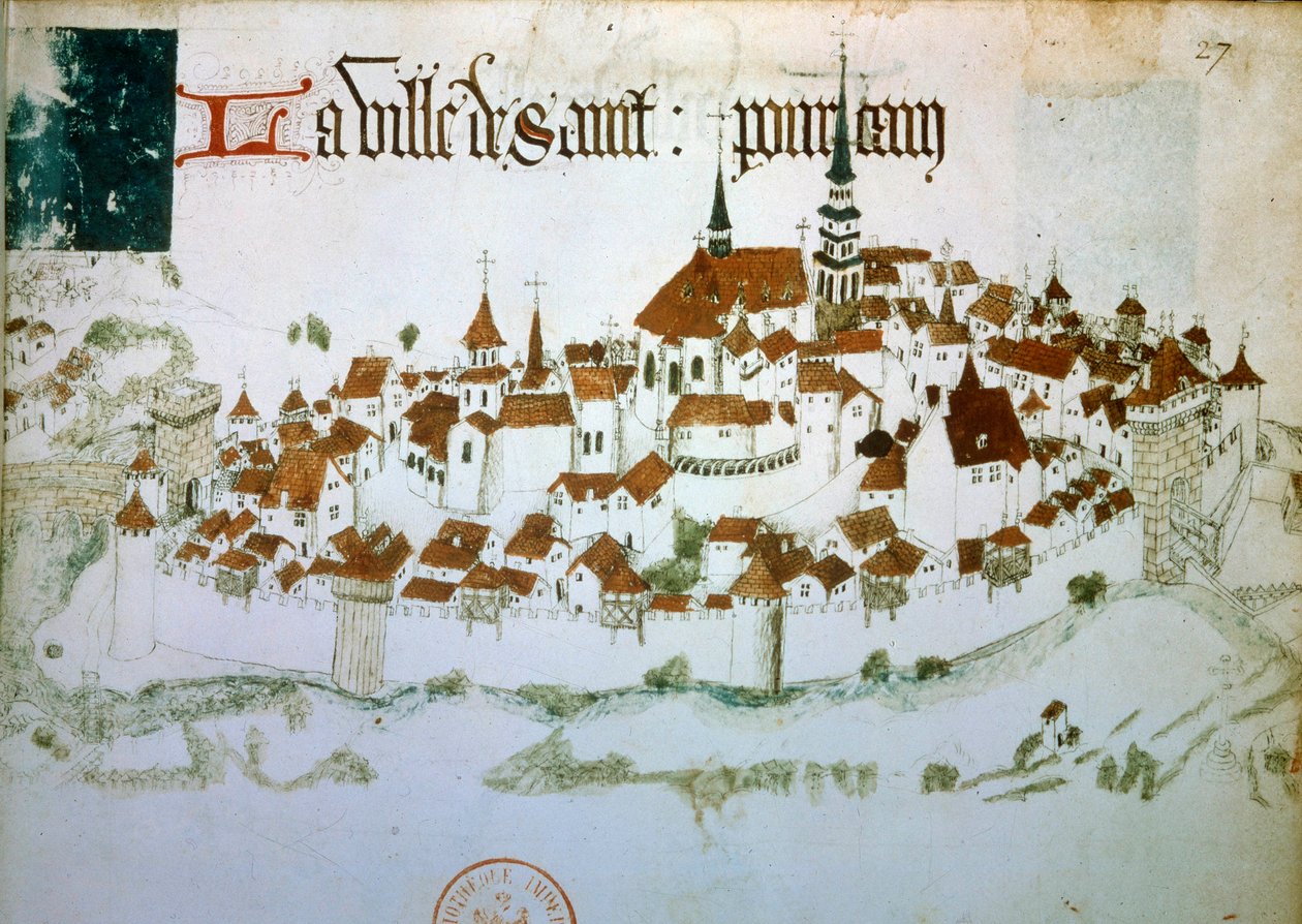 Saint Pourcain sur Sioule 市的景色在奥弗涅的 Allier。 15 世纪手稿的缩影。 BN 巴黎 作者 未知艺术家