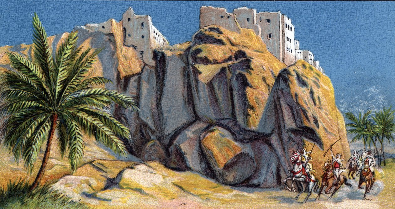 也门哈贾仁（Al-Hadjaren）设防城镇景观（也门哈贾仁景观） 1930 年代彩色平版印刷私人收藏 作者 未知艺术家