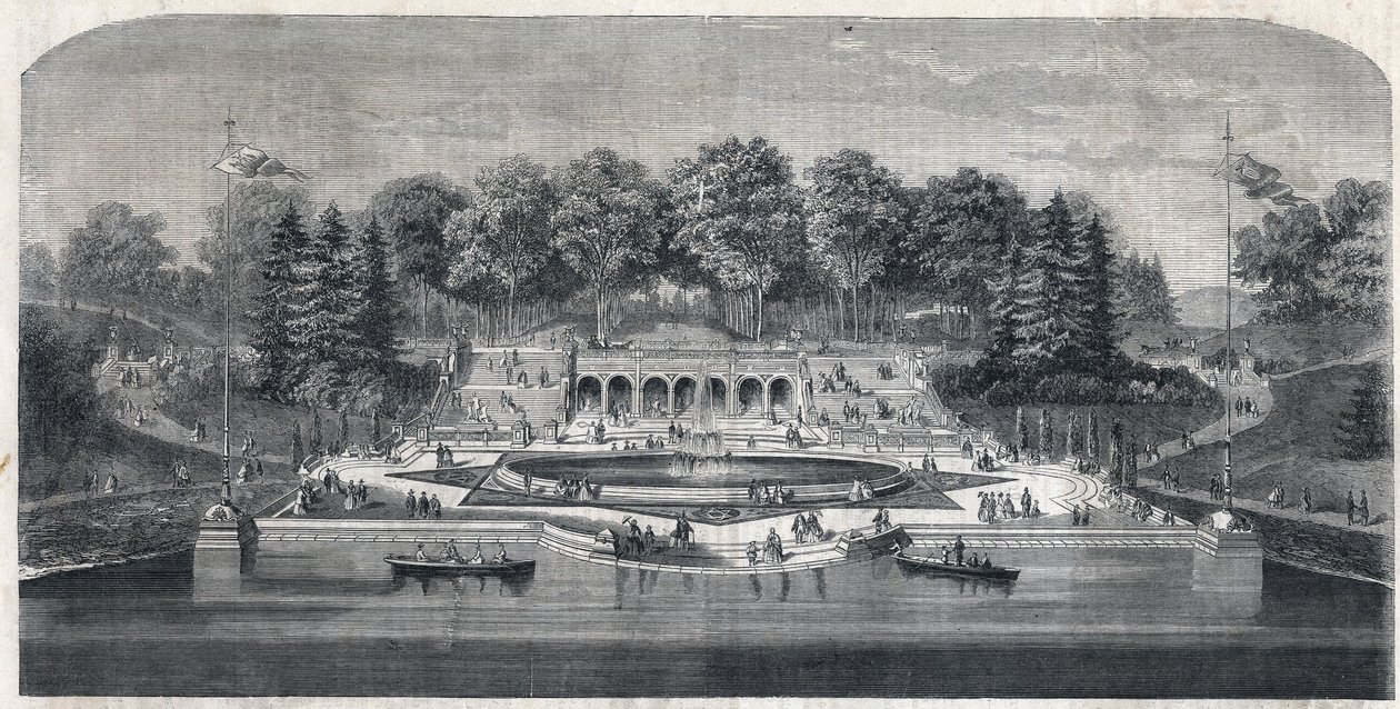 美国纽约的 "中央公园 "花园景观。由弗雷德里克-劳-奥姆斯特德（1822-1903）和（1824-1895）在曼哈顿区的建筑。载于 "图说宇宙 "的雕刻品 作者 未知艺术家