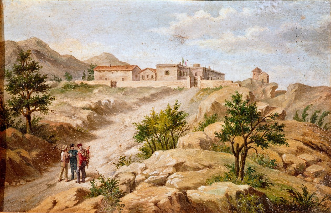 意大利爱国者和起义英雄朱塞佩-加里波第（1807-1882）在卡普雷拉（撒丁岛）的房子，加里波第在画面左边与两个农民在一起。十九世纪的匿名画作，罗马Risorgimento博物馆 作者 未知艺术家