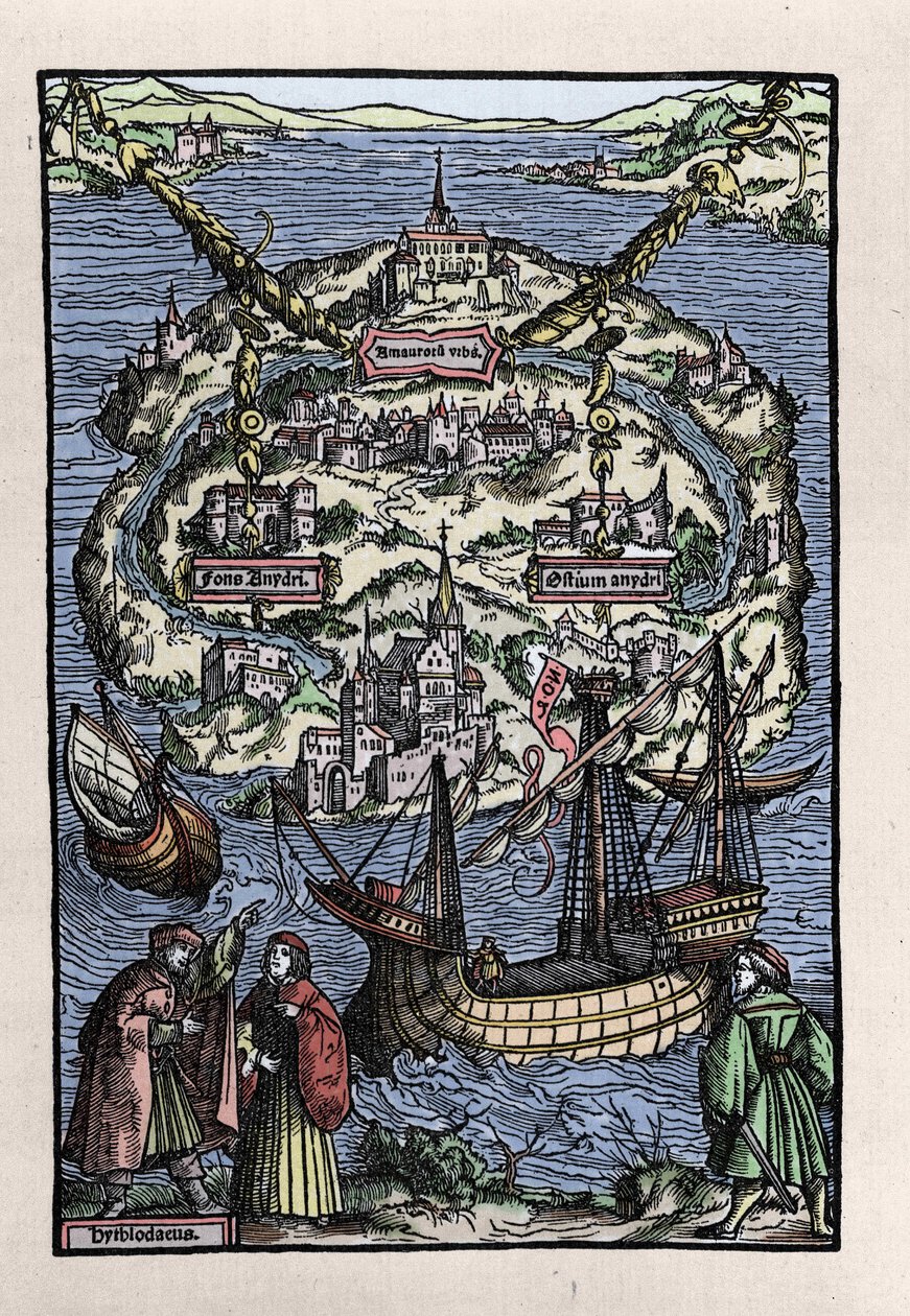 View of the island of Utopia (Utopia) from the book of Thomas More (1478-1535), “” De optmo republicae statu deque nova insula Utopia”. Engraved by Johann Froben. 1518. 作者 未知艺术家