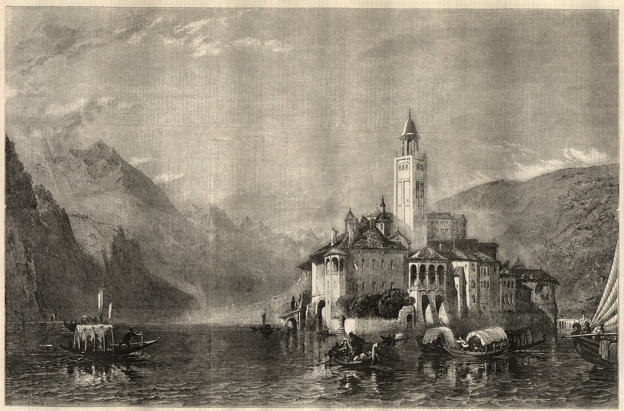 意大利奥尔塔湖（库西奥湖）上的圣朱尔（Saint Jules）（San Giulio）岛的修道院Mater Ecclesiae的景色。根据威廉-科林伍德-史密斯（1815-1887）的画作绘制的版画。在3月22日的 "伦敦新闻画报 "中 作者 未知艺术家