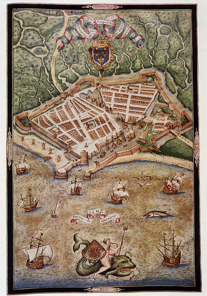 1583 年勒阿弗尔港的景色 - 来自海军飞行员雅克·德尔沃 (Jacques Delvaux) 的照明手稿，献给海军上将德·乔尤斯 (Admiral de Joyeuse) 作者 未知艺术家