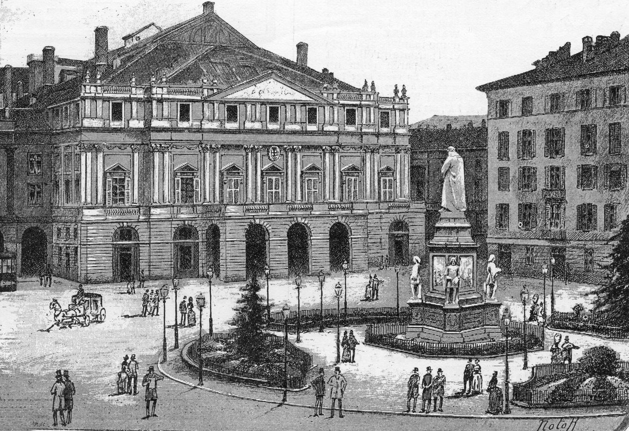 意大利米兰的斯卡拉剧院的景色。(Teatro alla Scala Milano) "图解世界 "中的雕刻 作者 未知艺术家
