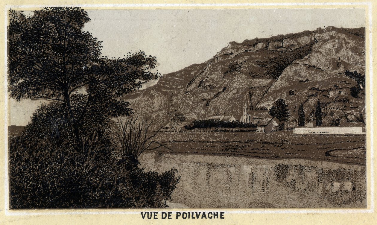 比利时默兹河谷Poilvache村的景色。19世纪末的彩色石版画。 作者 未知艺术家