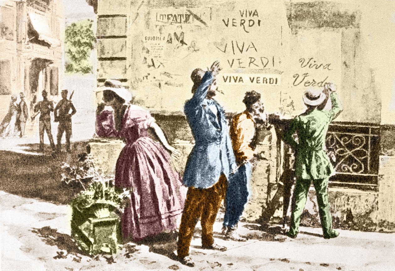Viva Verdi: Enthusiastic inscriptions for Giuseppe Verdi in Naples (kingdom of the two sicilies) under the Austrian occupation in 1859, following the ban on his opera “Un Ballo in maschera” (V.E.R.D.I. (VERDI) = Vittorio Emanuele Re d