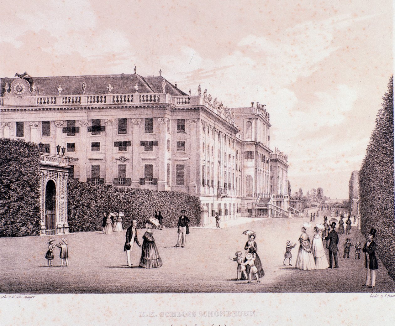 步行者在维也纳的美泉宫 (Schoenbrunn) 公园。 奥地利。 19 世纪初私人收藏的版画 作者 未知艺术家