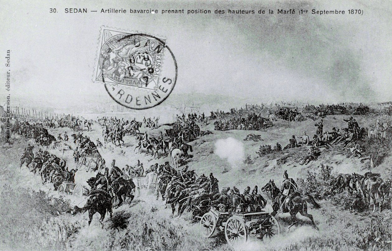 1870 年战争：巴伐利亚大炮于 1870 年 1 月 9 日从阿登的马尔夫高地占据阵地。 1870 年的雕刻 作者 未知艺术家