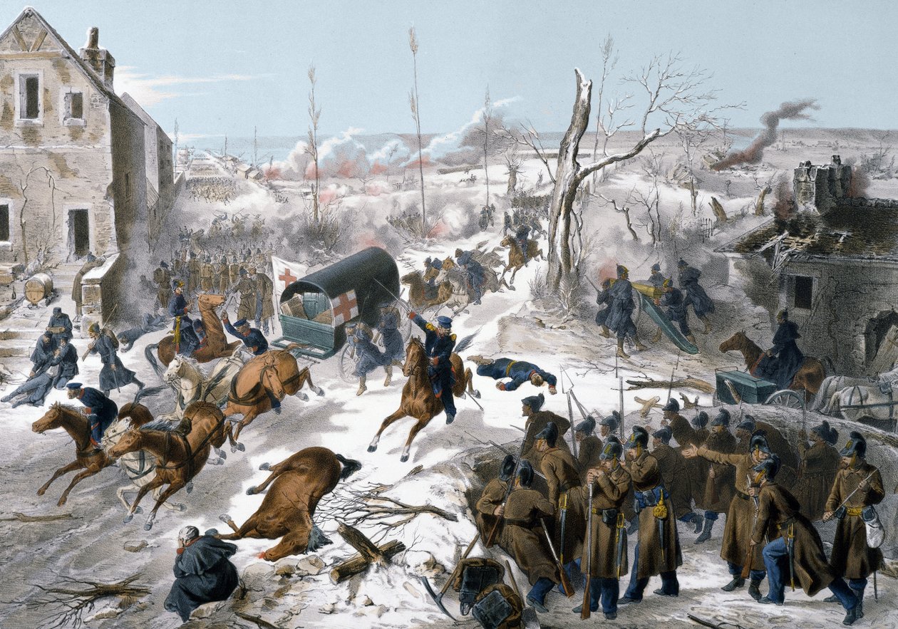 1870年法国和普鲁士之间的战争。1871年1月2日和3日加莱海峡的巴波姆战役中的红十字会，该战役见证了法德贝将军领导的北方军队对普鲁士人的胜利。 作者 未知艺术家