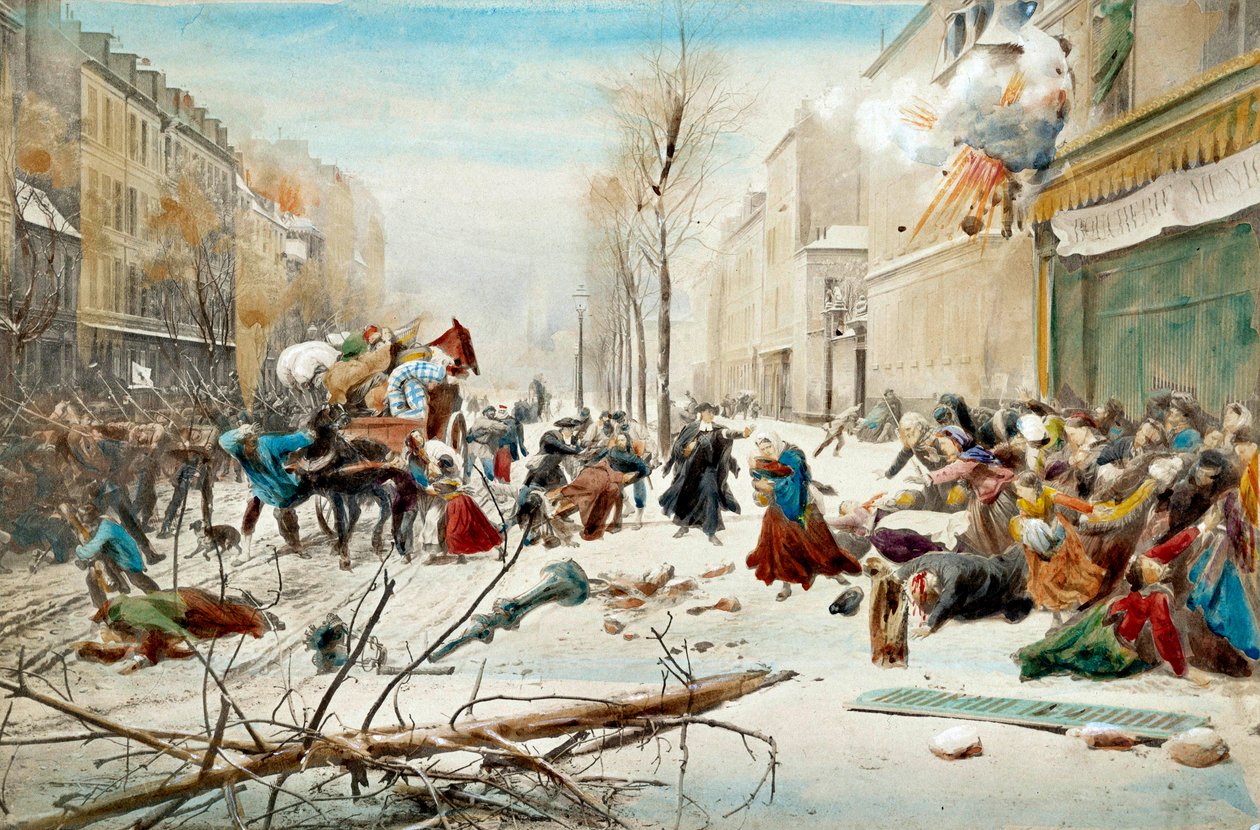 1870 年战争：1870 年巴黎围攻，普鲁士人轰炸。 巴黎居民在雪下离开轰炸区。 19 世纪的水彩画。 巴黎，军事博物馆 作者 未知艺术家