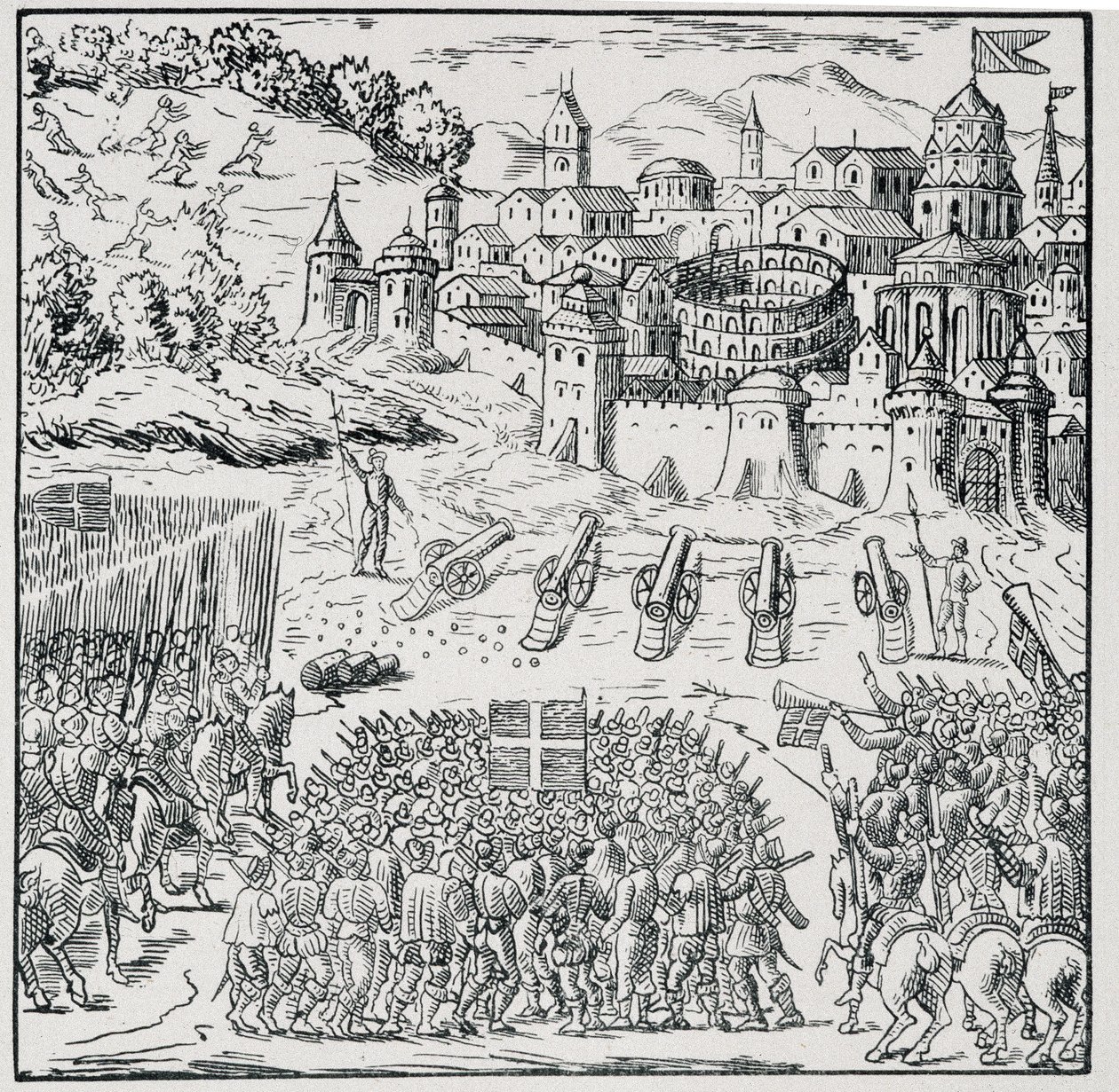 宗教战争。1576年被国王（亨利三世）的军队围困的尼姆城--载于《1562年至1586年法国灾难的39幅图集》，路易-佩兰印刷厂。 作者 未知艺术家
