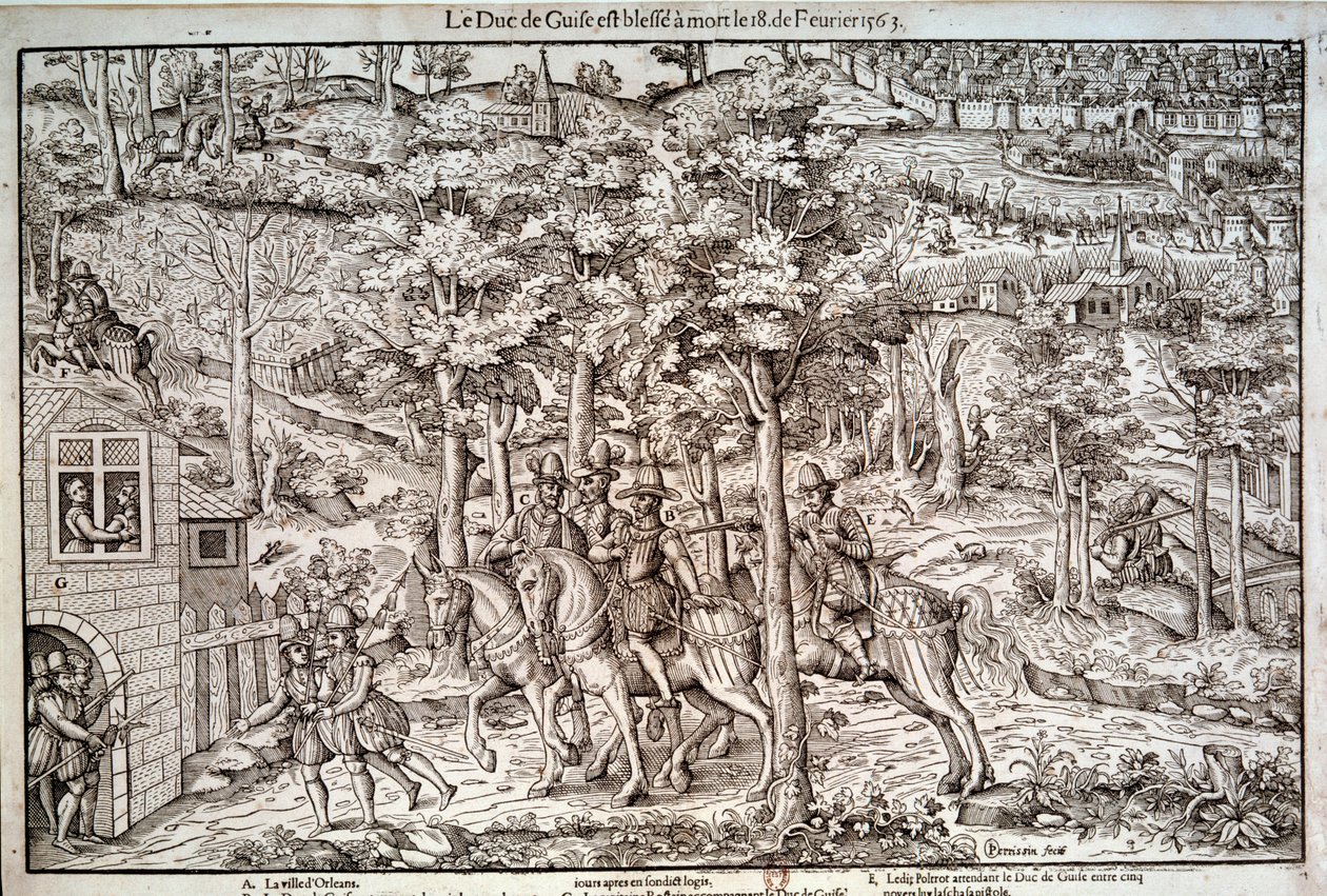 宗教战争 1562-1598 “” 1563 年 2 月 18 日刺杀了洛林的弗朗索瓦一世（1519-1563 年）第二任吉斯公爵。 作为天主教领袖，他被加尔文主义者让·德·波尔特罗·德·梅雷 (Jean de Poltrot de Mere) 或梅雷 (Merey) 杀害。 16 世纪的雕刻。 巴黎，B.N. 作者 未知艺术家