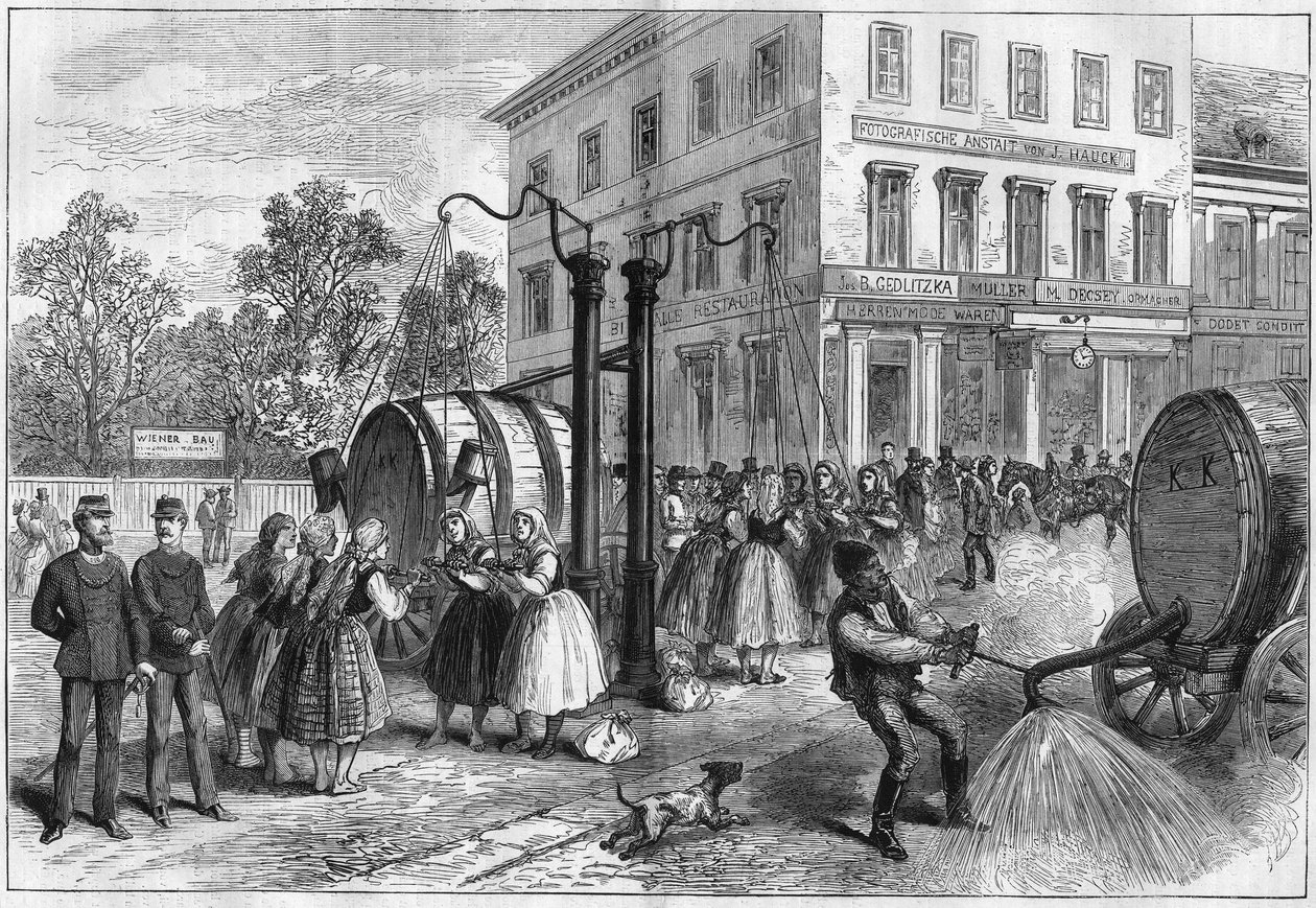 1873年，奥地利维也纳街道上的浇灌系统。 作者 未知艺术家