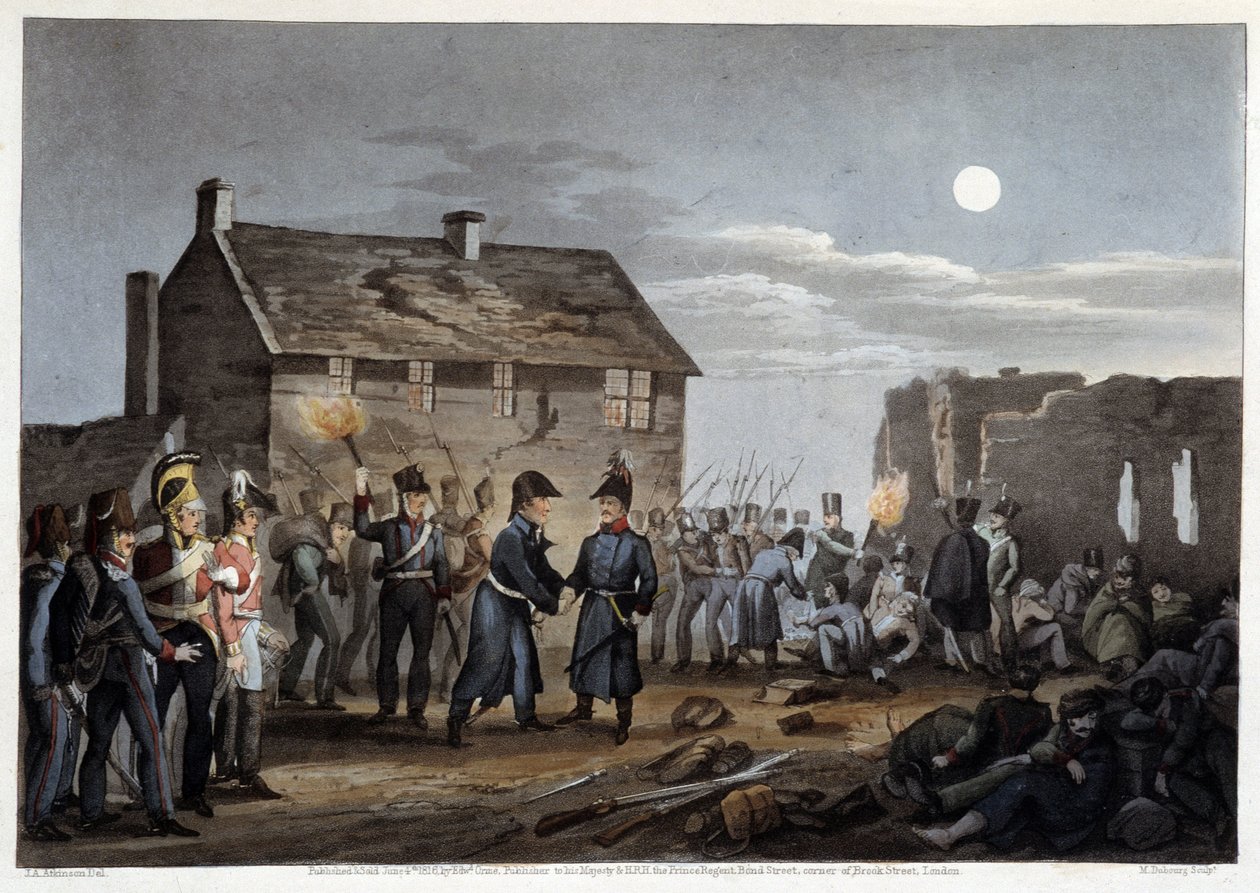 Wellington and Blucher meeting incidentally at Waterloo - in “” Historical, military and naval anecdotes and incidents that arrived at the Armies of Brittany and their allies, ending in Waterloo”” by Edward Orme, ill. by Atkinson, London 作者 未知艺术家