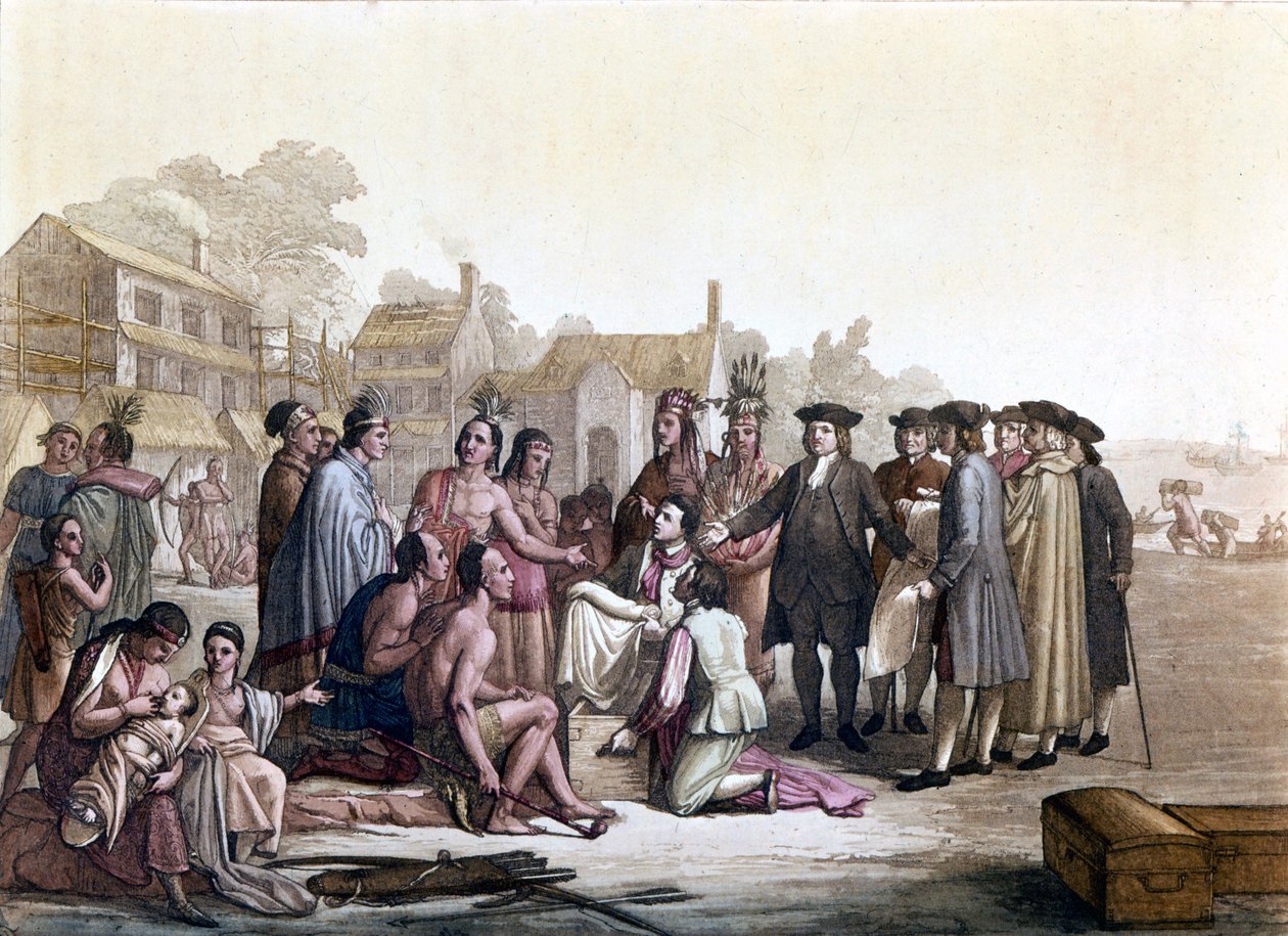 威廉 (纪尧姆) 佩恩 (1644-1718)，英国贵格会教徒，与美洲印第安人一起处理土地征用事宜 - 他因此奠定了宾夕法尼亚州和费城市的基础 - ““古老而现代的服装”中的插图 ””由朱尔斯 作者 未知艺术家