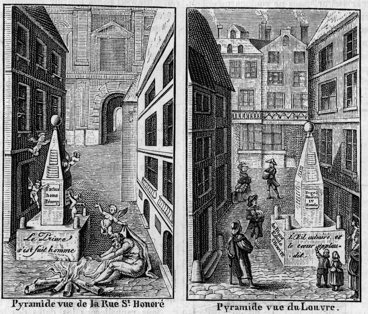 1784年巴黎的冬季金字塔。1786年年鉴 "La Pyramide de neige "中发表的两幅版画的面部模拟。3月16日的《自然：科学与艺术和工业应用杂志》中的版画。 作者 未知艺术家