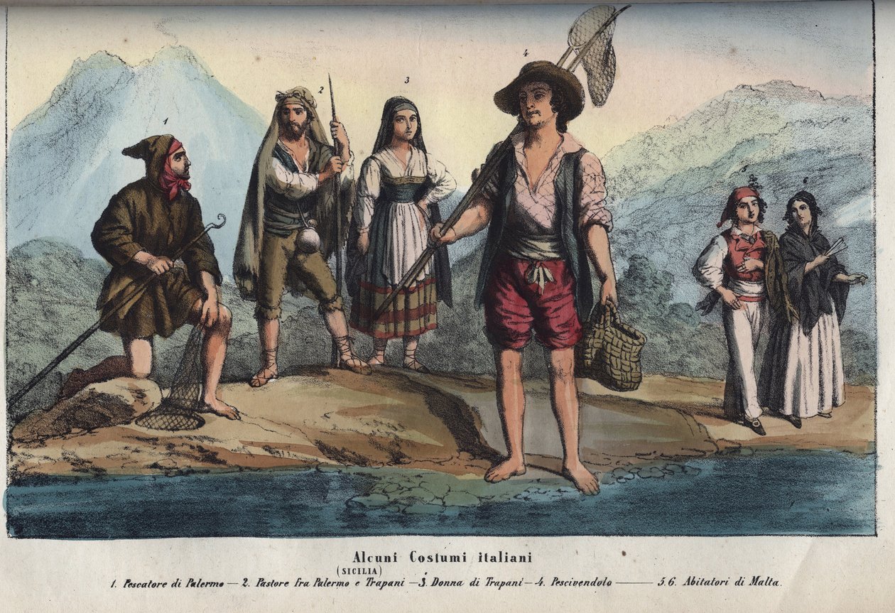 穿着传统西西里服装的妇女和男子--Pescatore di Palermo, pastore fra Palermo e Trapani, donna di Trapani, pescivendolo, abitatori di Malta. Engraving from "Usi e Costumi di Tutti i Popoli dell