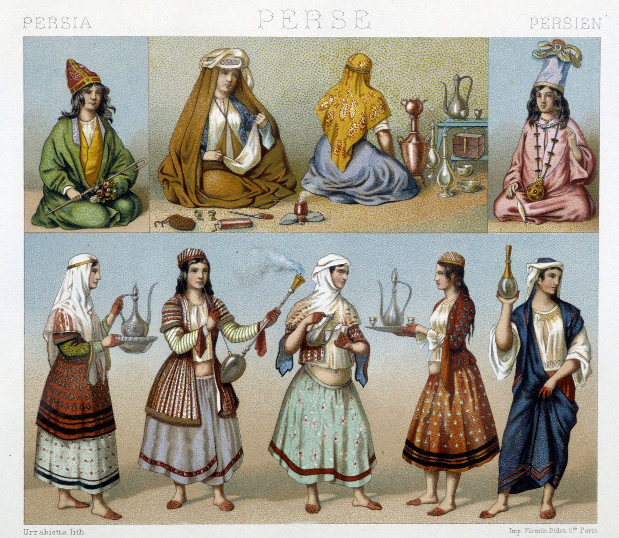 Women preparing tea and female costumes in Persia - in “” The historical costume”” by Racinet 作者 未知艺术家